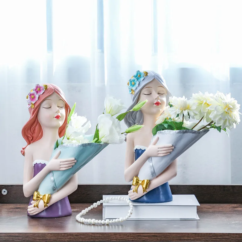 

Creative Resin Bouquet Girls Ornaments Sculpture Statue Gifts Living Room TV Cabinet Flower Arrangement Modern Home Decoration