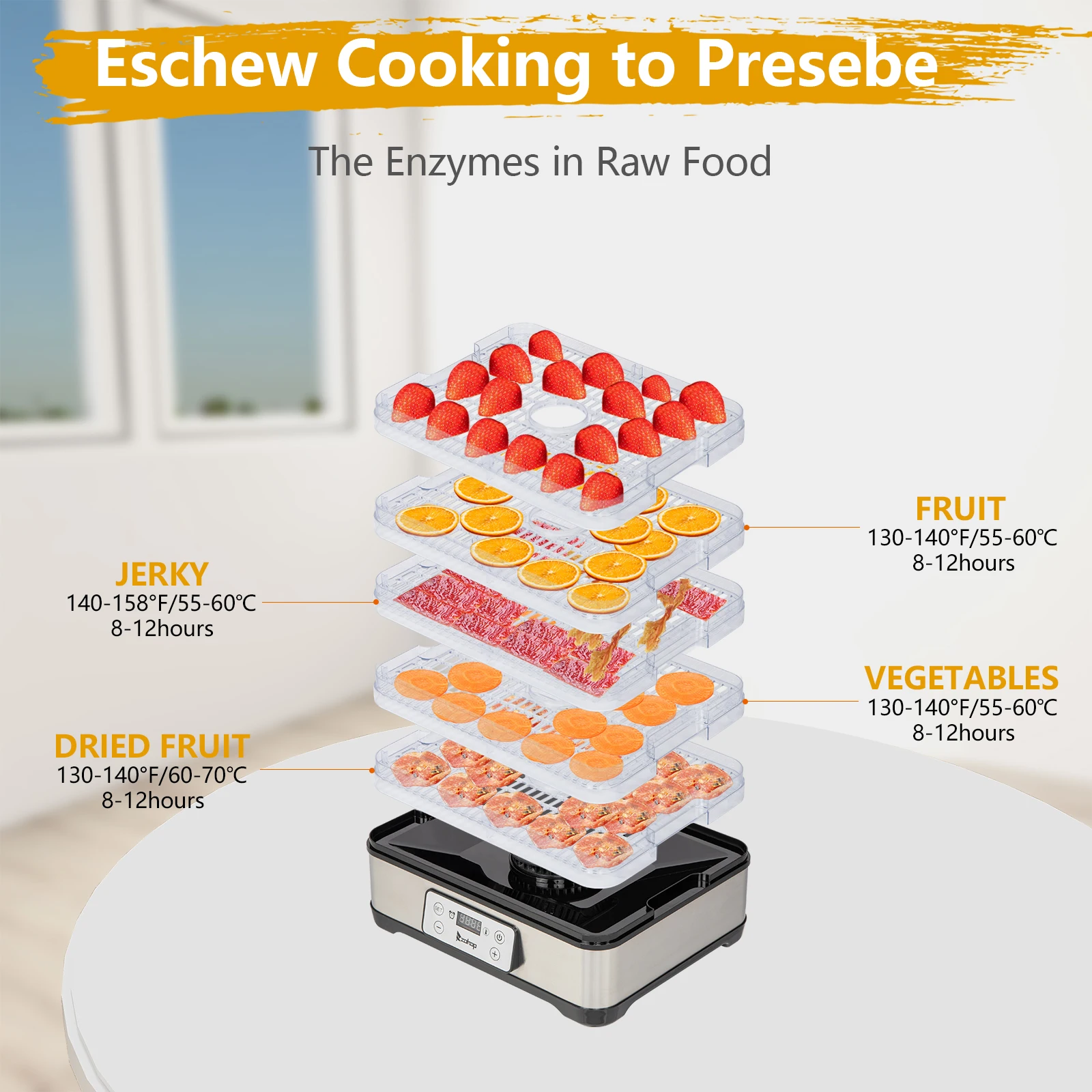 

ZOKOP Food Dehydrator Large Drying Capacity with 5pcs Movable Trays, Temperature Time Adjustable, Height Adjustable