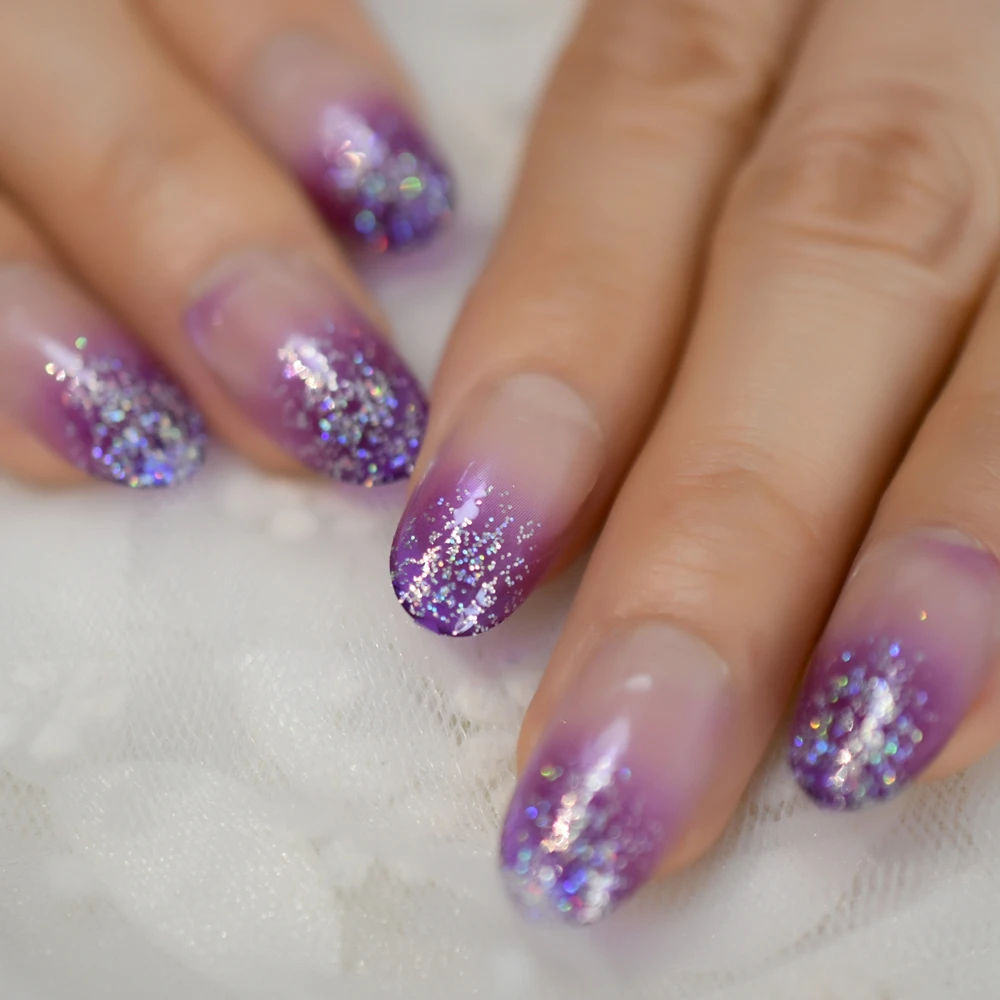 

Purple Half Glitter Fadeing Nail Putty Kwaii Cute Nails Medium-Short Datechable Nails Tip Fingernails Art Supplies For Pro EchiQ