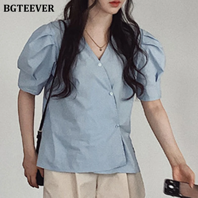 

BGTEEVER Vintage Single-breasted Women Blouse Tops V-neck Puff Sleeve Female Solid Shirts 2020 Summer Casual Loose Blusas Femme