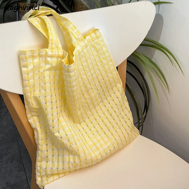 

Large Capacity Shoulder Bags Women Yellow Canvas Shopping Bag Versatile Plaid Panelled All-match Fashion Korean Chic Streetwear