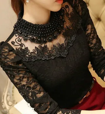 Блузка женская кружевная с воротником стойкой и длинным рукавом размеры до
