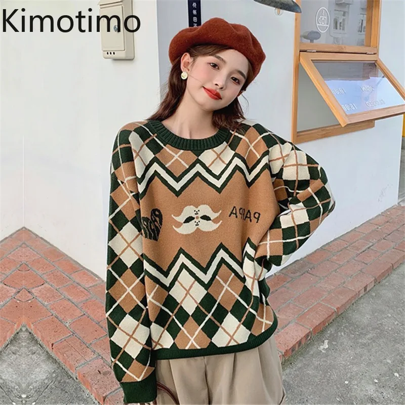 

Kimotimo Jacquard Argyle Sweater Women 2021 Autumn Winter Color Matching Pullover Korean Preppy Style Long Sleeve Fashion Tops