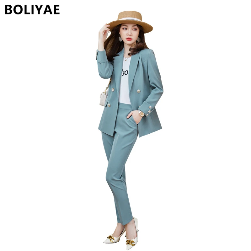 Boliyae Elegant Female Suits Spring Autumn Long Sleeves Blazer and Pants 2 Piece Set Women Fashion Black Office Jacket Chic Tops