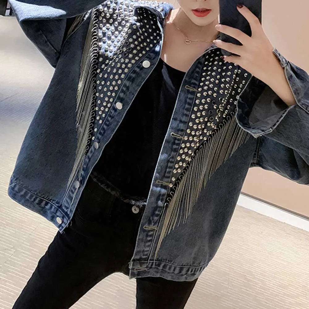 

Women Jackets Tassel Rivet Spring Autumn Denim Jacket Dark Casual Black Outwear Streetwear Punk Fashion Jeans Coat 2020 New