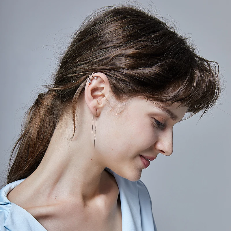 Authentic 18k Gold Chain Earring For Women Simple Style None Stone Rose Gold Color Ear Line Fashion Jewelry