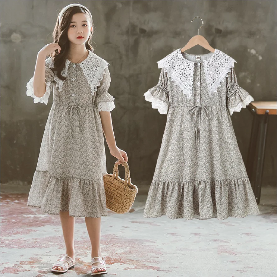 

Girls Dress Summer 2021 Korean Version Of The New Medium And Big Children's Floral Lace Skirt Little Girl Princess Dress