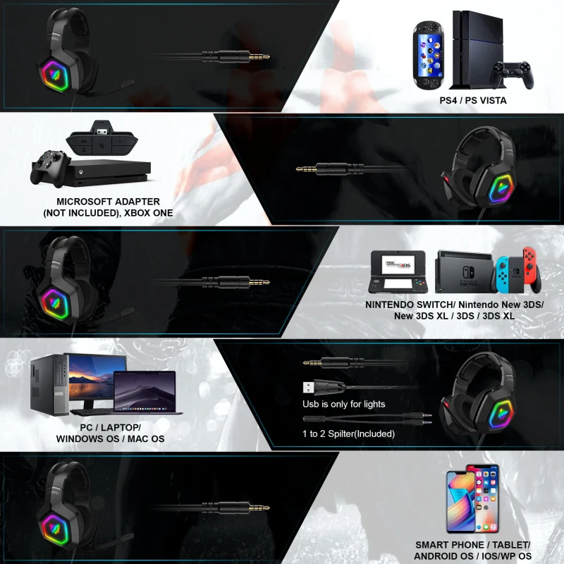 3 5 мм RGB светодиодный игровая гарнитура для ПК PS4 PS5 Накладные наушники геймер с
