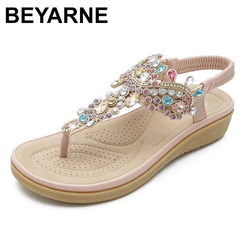 

BEYARNE2021 Summer Round Toe Women's Flip Flops Fashion Soft Personality Rhinestone Ladies Sandals Roman Crystal Platform Women
