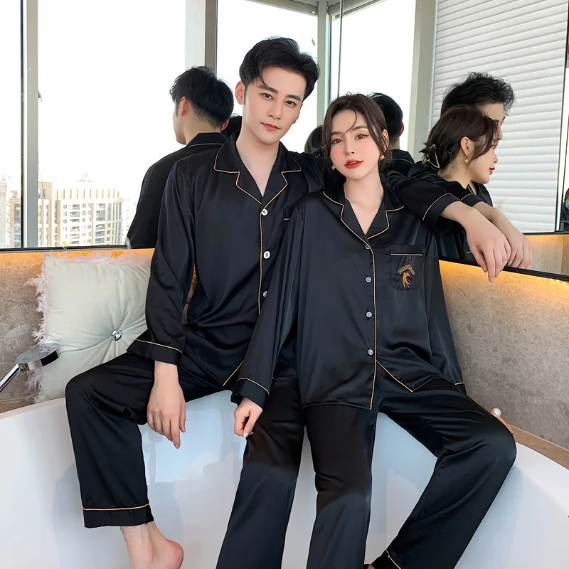 2021 New Couple Pajamas Men's Women's Pajamas Ice Snow Silk Long Sleeve Sleepwear Set Korean Thin Home Clothes Female Nightwear