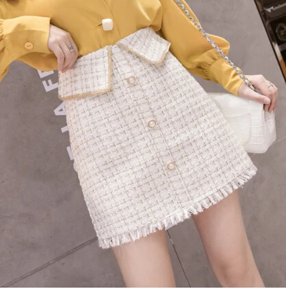 SMTHMA Winter tweed tassel skirts women high waist plaid black women's skirt korean chic mini short skirt faldas mujer moda