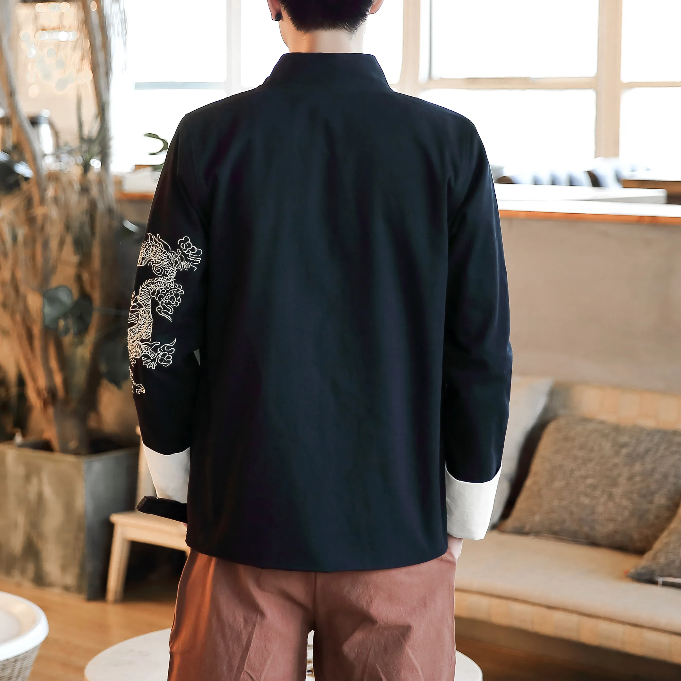 Черные традиционные китайские рубашки с воротником для мужчин Красные восточные куртки в стиле Ориентал с вышивкой дракона Этно Жуншань Фу Бакл новые.