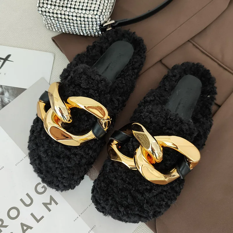 

Metal Chain Baotou Hairy Slippers Women's Winter Lamb Wool Platform Loafers Mules Half-drag 2021 New Lazy Shoes