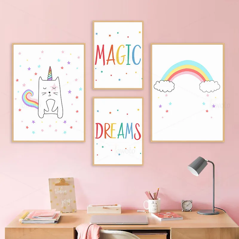 Простой волшебного сна принт с маленькими звездами Kawaii Cat плакат Радуга Цвет Wall Art