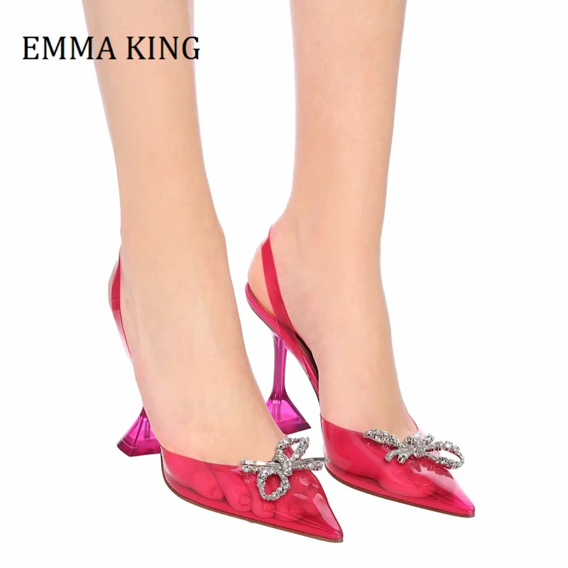 

2021 Women Crystal Embellished Pumps PVC Pink Glass Transparent Heels Pumps Sandals Pointed Toe Wedding Party Brand Shoes Women