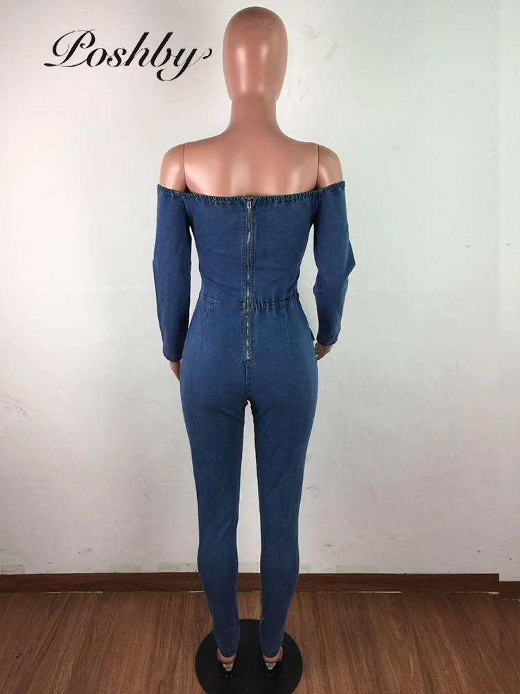 

Poshby Corns Bandage Denim Jumpsuit Sexy Off Shoulder Long Sleeve Women Rompers Lace Up Hollow Out High Street One Piece Clothes