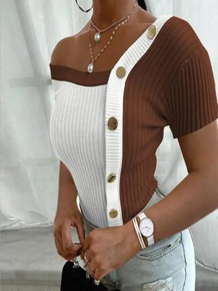 

New women's summer tops one-shoulder neckline fashion contrast color stitching single breasted short-sleeved T-shirt women