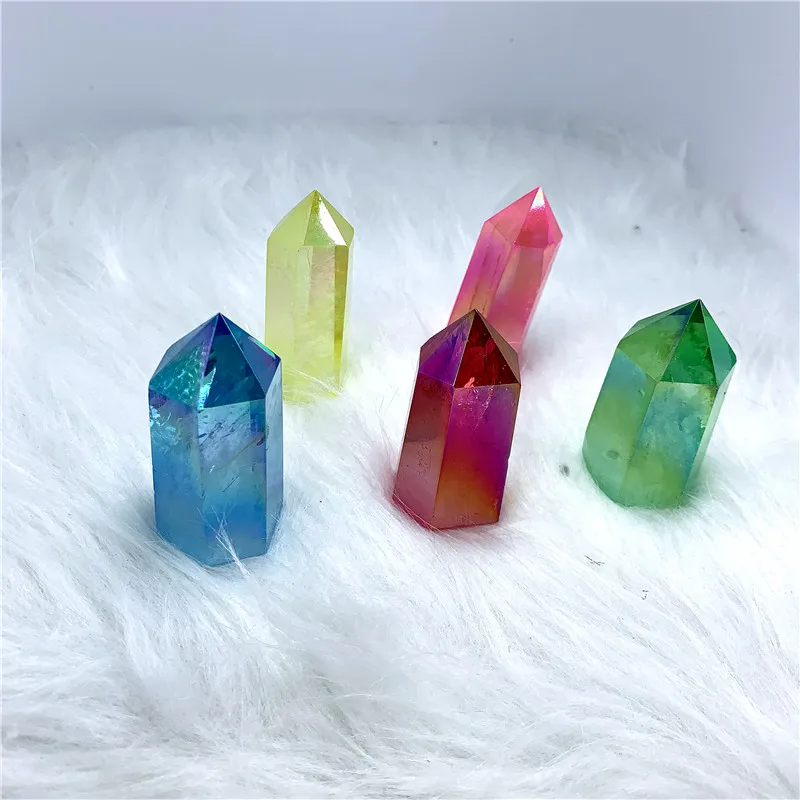 

Wholesale mix color carved electroplated quartz wand reiki healing crystals point energy tower for home decoration