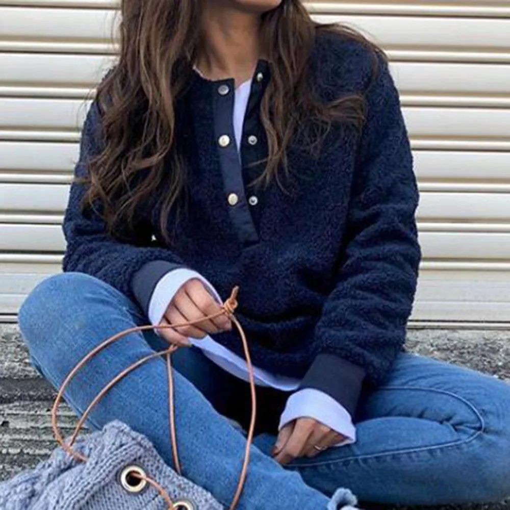 Женская футболка из флиса однотонная темно синяя офисная рубашка с длинным