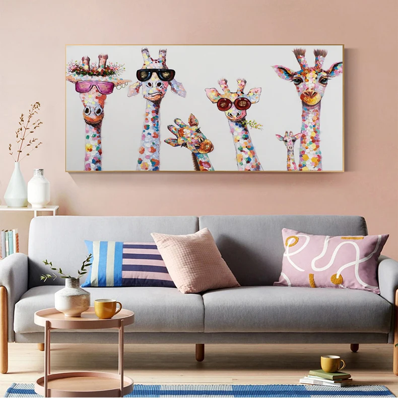 Красочный Забавный Жираф семья в очках граффити Искусство Печать на холсте