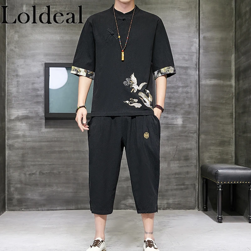 

Loldeal Chinese Style Short-sleeved T-shirt + Cropped Trousers Two-piece Suit Men's Linen Stand Collar Embroidery Set