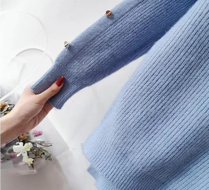 Короткий Свободный Асимметричный вязаный пуловер Топ Половина Водолазка кнопка