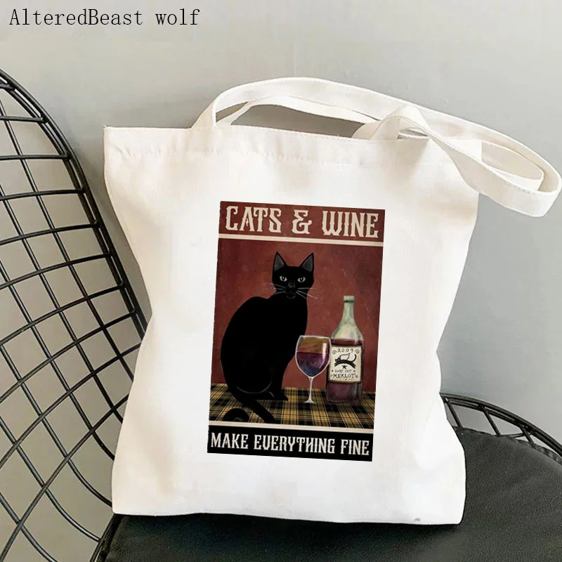 

Women Shopper bag Cat And Wine Make Everithing Fine Bag Harajuku Shopping Canvas Shopper Bag girl handbag Tote Shoulder Lady Bag