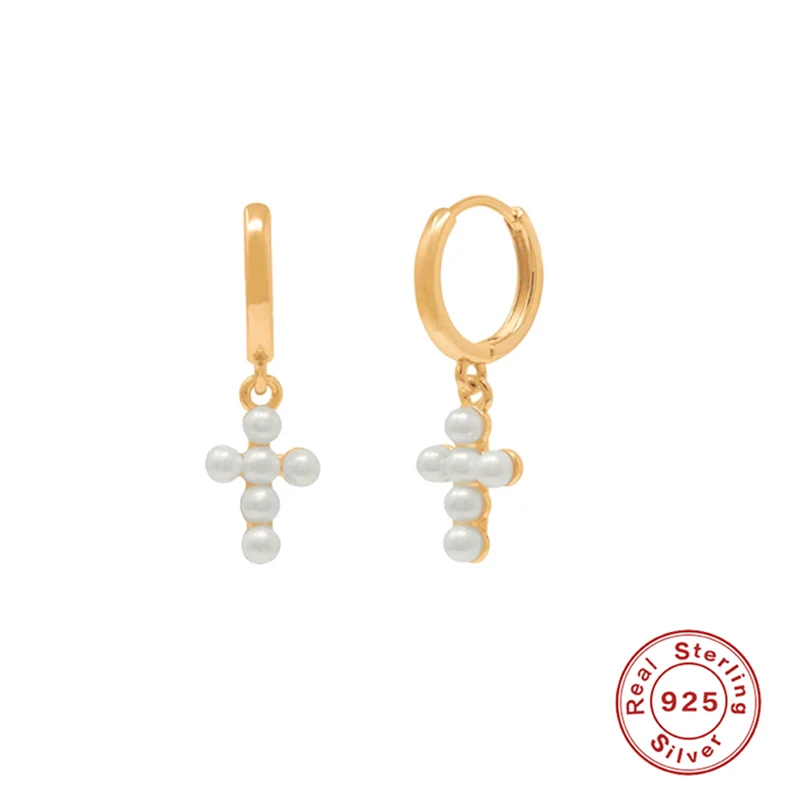 

Aide 100% 925 Sterling Silver Pearl Cross Pendant Hoop Earrings for Women Geometric Piercing Gold Plated Huggie Earring Jewelry