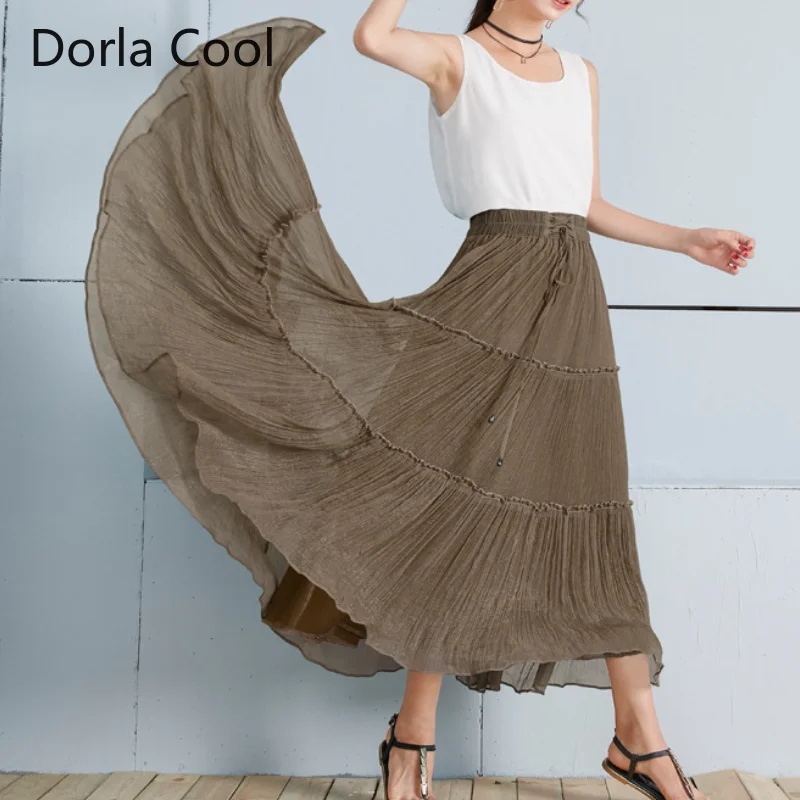 2021 Summer Chiffon Patchwork Maxi Long Skirt Solid Women High Waist Elastic 50S Pleated Party Elegant Lady's Vacation Clothing