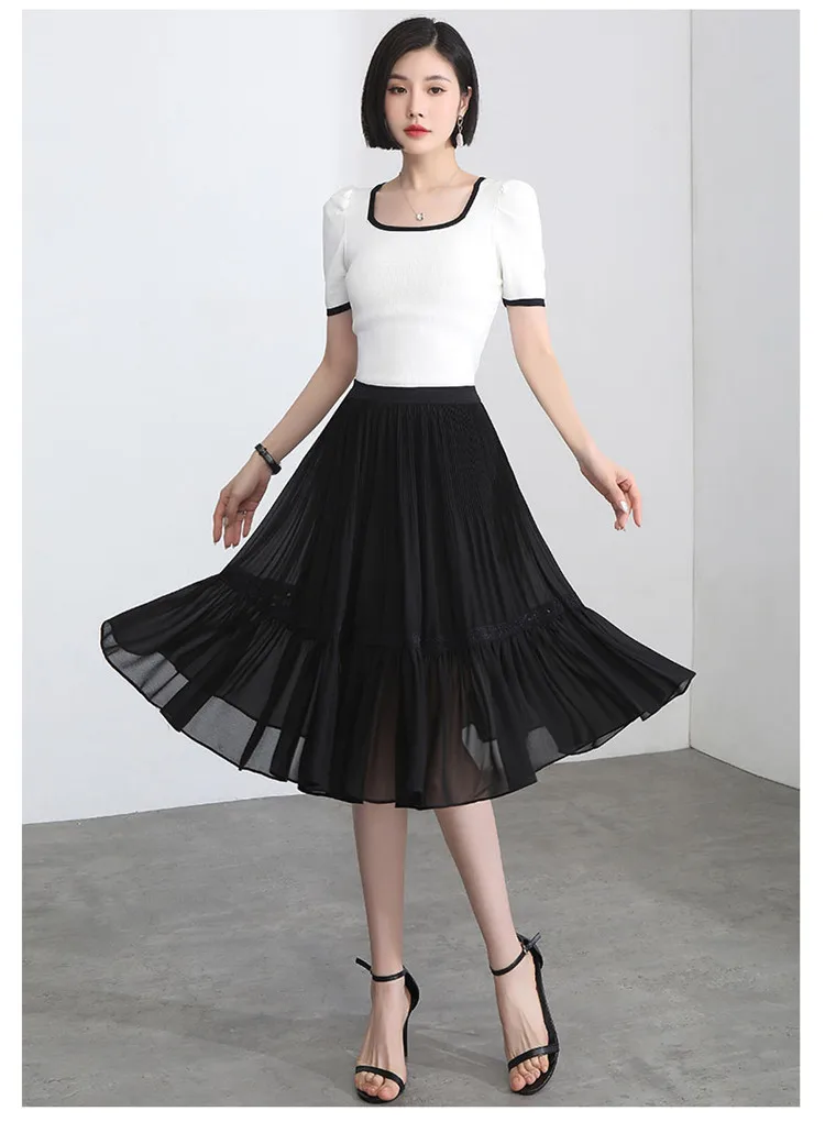 

Women Fashion Elastic High Waist Mid-long Black Pleated Skirt Summer Elegant Vintage Casual Loose Big Swing Woman Skirts 2163