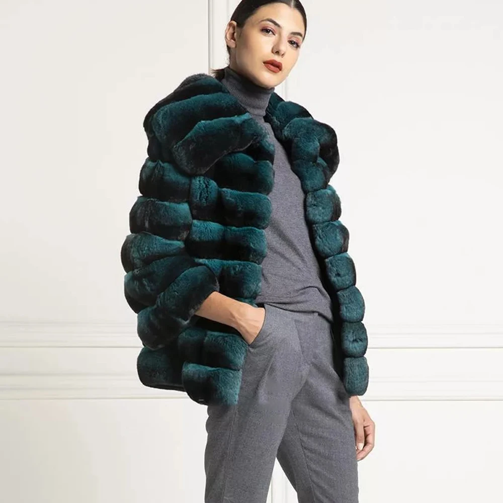 Fashion Green Natural Rex Rabbit Fur Jacket Stand Collar High Quality Natural Full Pelt Genuine Rex Rabbit Fur Coats Outwear