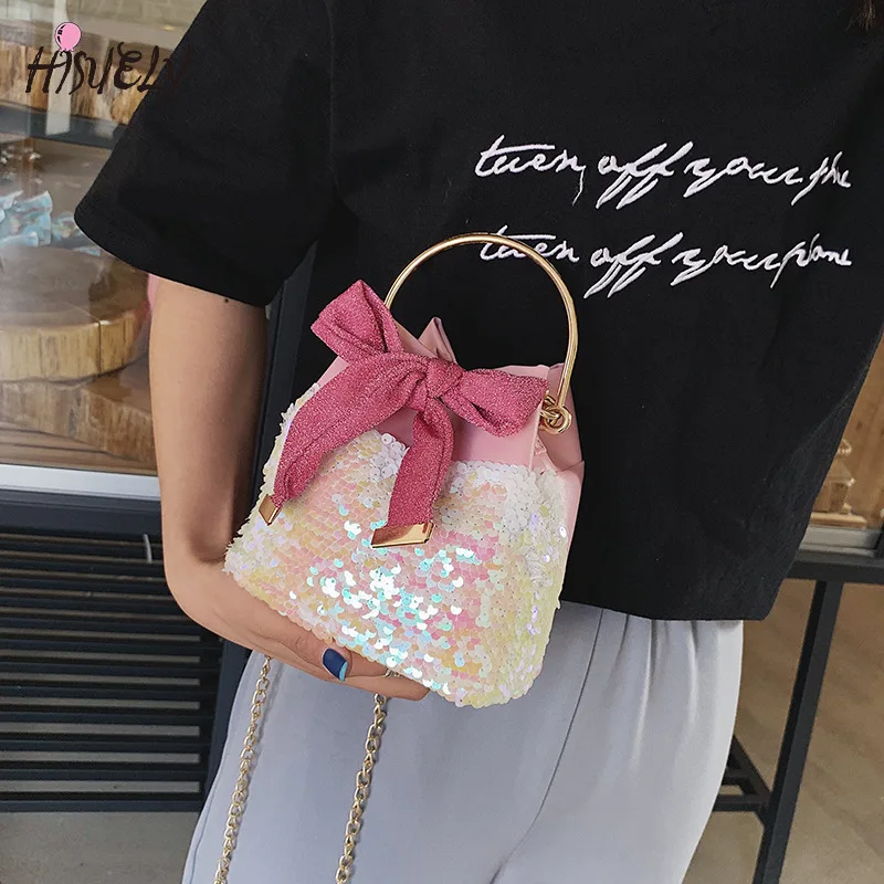 

2023 New Arrival Women Mini Sequin Bucket Shoulder Bag Chain Messenger Bag for Girls Crossbody Bag Female Handbag bolsa feminina