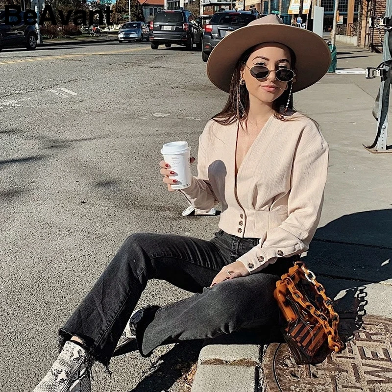 Женская короткая блузка BeAvant Повседневная Блузка с v образным вырезом длинными