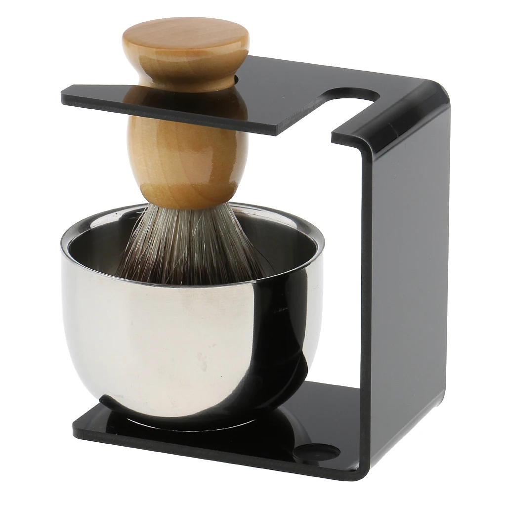 Wood Shaving Brush + Black Plastic Stand Stainless Steel Smooth Surface Bowl Cup Soap Set for Men Barber |