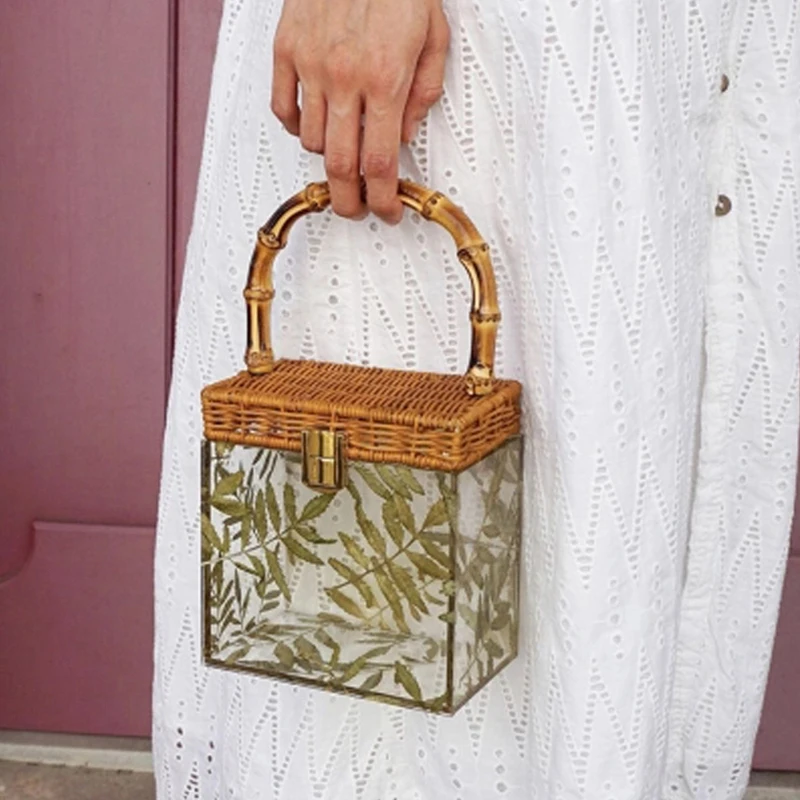 

Clear Acrylic Box Beach Bags For Women Summer Designer Hand Woven Natural Bamboo Handle Rattan Bag Ladies Bohemian Vacation