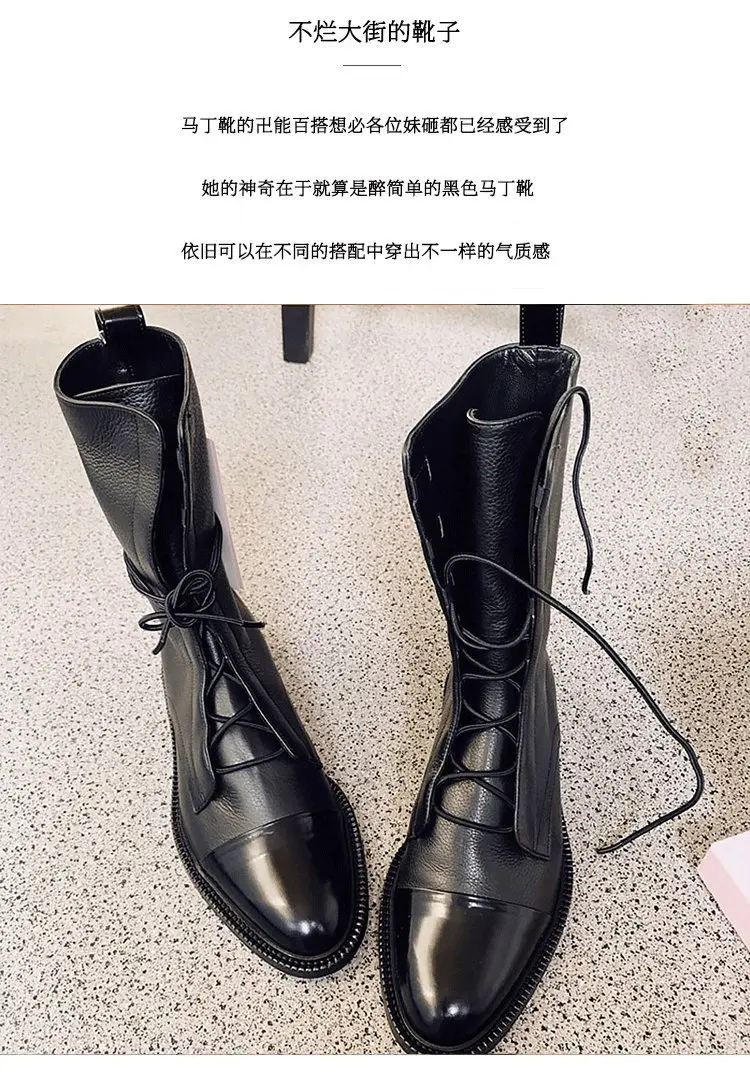 

Pu thin women's boots spring and autumn new British style lace up round head square medium heel
