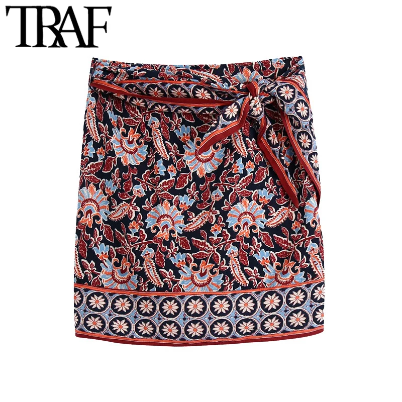 

TRAF женские шикарный модный Детский комбинезон с принтом в виде тотема асимметрия мини-юбка в винтажном стиле; С высокой талией сбоку с галст...