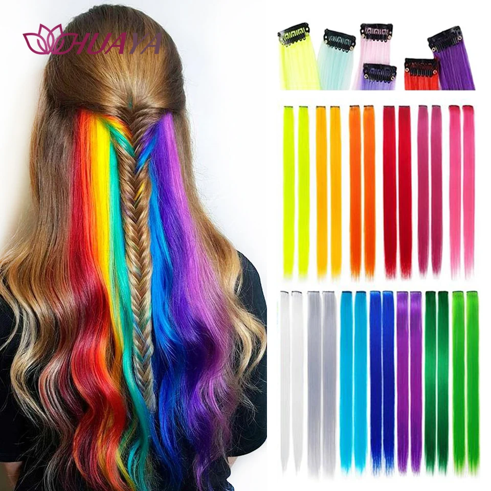 

HUAYA Colorful Highlighted Hair Extension Clip Synthetic Long Straight kanekalons Colored Strands Fake Hair