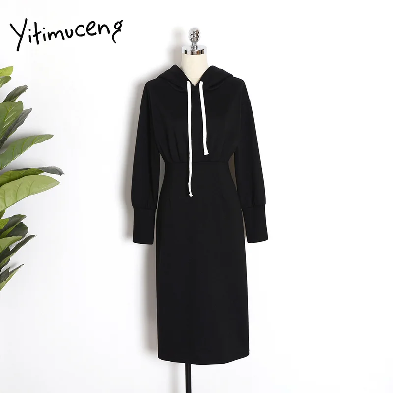 

Yitimuceng Hooded Pencil Dress Long Sleeve Women Clothing Gray Black Solid Spring Autumn Winter Split Midi Empire 2021 Fashion