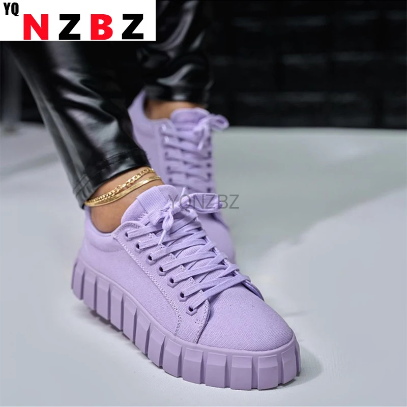 

Woman's Flats Shoes Canvas Lace-Up Sneakers Solid Casual Thick Bottom Female Skateboard Fashion Vulcanized Plus Size Ladies