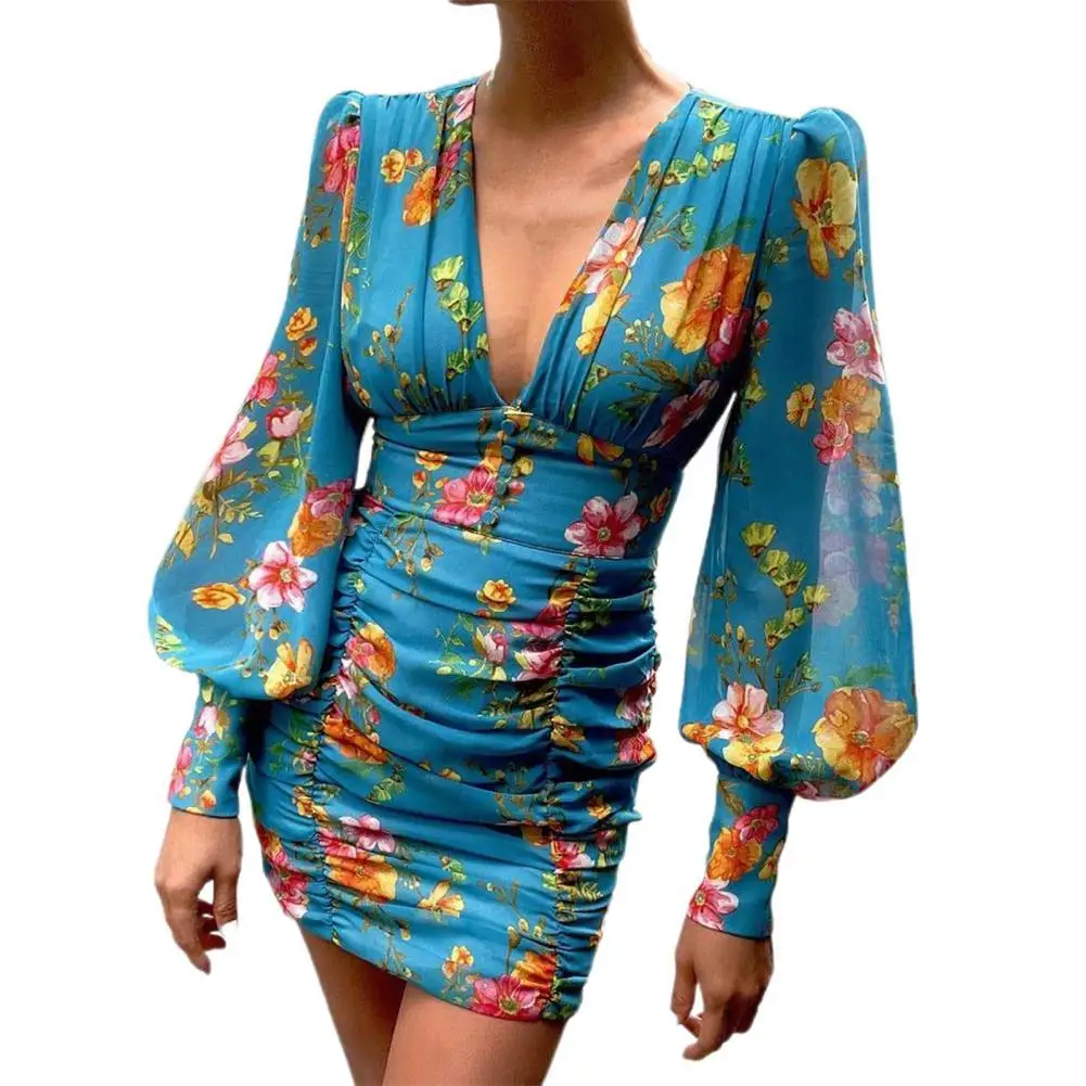 

Fashion New Women Sexy Deep V Neck Floral Print Long Lantern Sleeve Ruched Dress 2021 Autumn Elegant Female Bodycon Party Dress