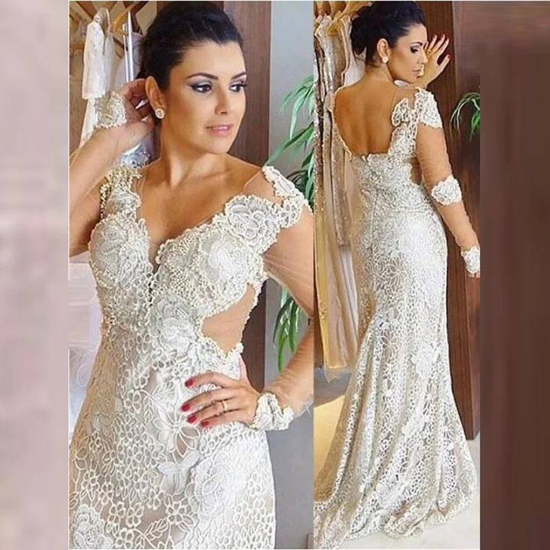 

High Fashion Spanish Lace Long Sleeve Bridal Wedding Dresses Mermaid Plunge V Neck Wedding Gowns for Bride Back Out Sweep Train