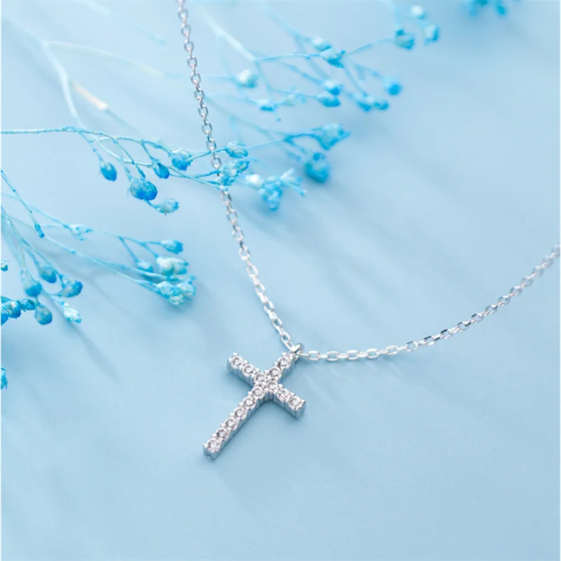 

A00838 Trendy Pave CZ Minimalist Cross Pendant Chain Necklace for Women Real 100% 925 Sterling Silver Fine Accessories