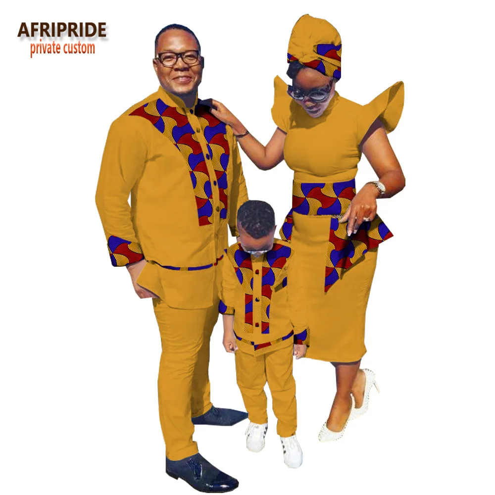 Семейная одежда с принтом в африканском стиле AFRIPRIDE, мужской костюм+ женское платье до середины икры с платьем и шарфом+ костюм для мальчиков Семейный комплект, A18F001 - Цвет: 543J