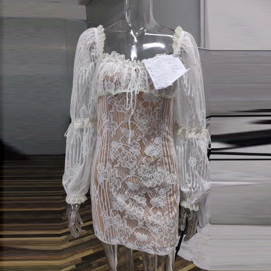 long sleeve Летнее сексуальное кружевное женское платье с вырезом и завязками, с вырезом лодочкой, с открытой спиной, с пышными рукавами, в стиле пэчворк, элегантное мини-платье - Цвет: long sleeve