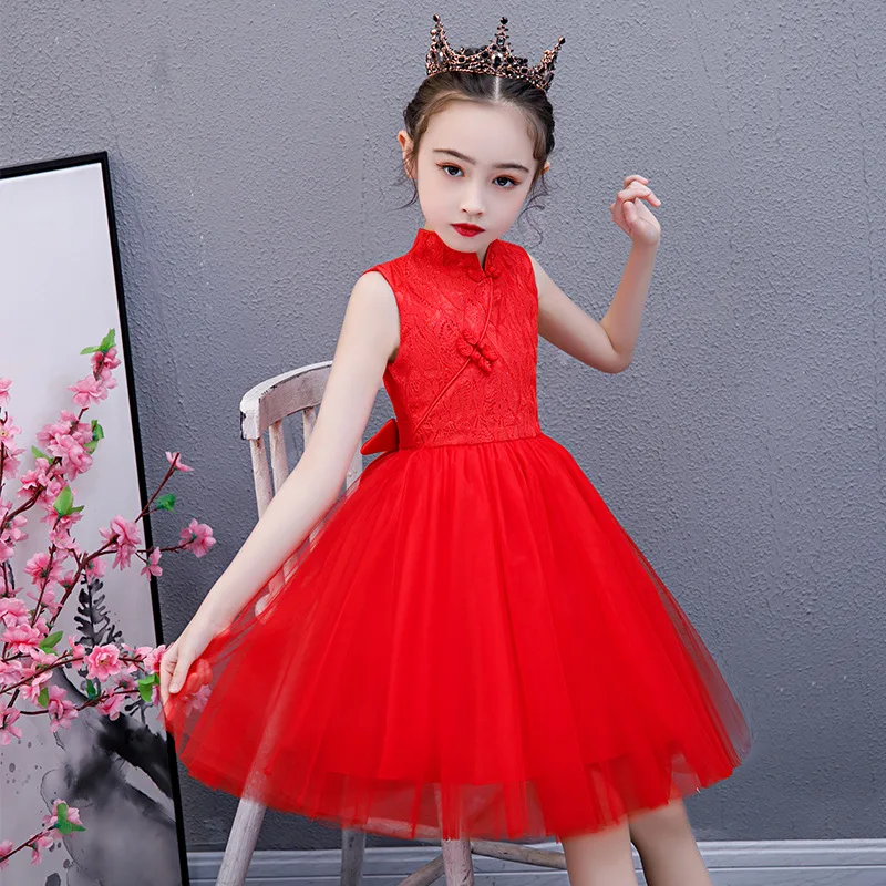 3-12Years Princess Girls Lace Dress Chinese Ancient Mandarin Gown Layered Tulle Sleeveless Party Wedding Dance Folk Frocks | Детская