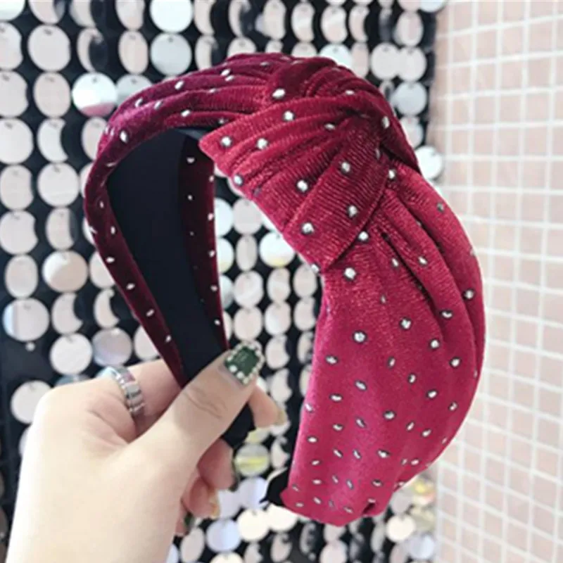 Burgandy бархатная повязка на голову с кристаллами Женская Твердая головная повязка Зимняя повязка на голову бархатные взрослые ободок с бантом бант украшение для волос ободок для волос широкий