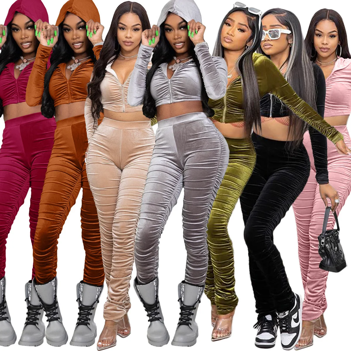 

Zoctuo Women Pant Sets Hooded Crop Tops 2 Piece Set Solid Stacked Pants Suits Outfits Sexy Fashion Clubwear Clothing Stretchy