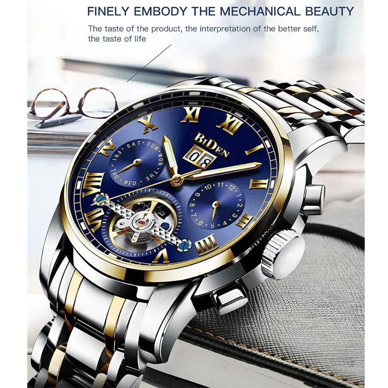 Мужские автоматические механические часы мужские золотые из нержавеющей стали с