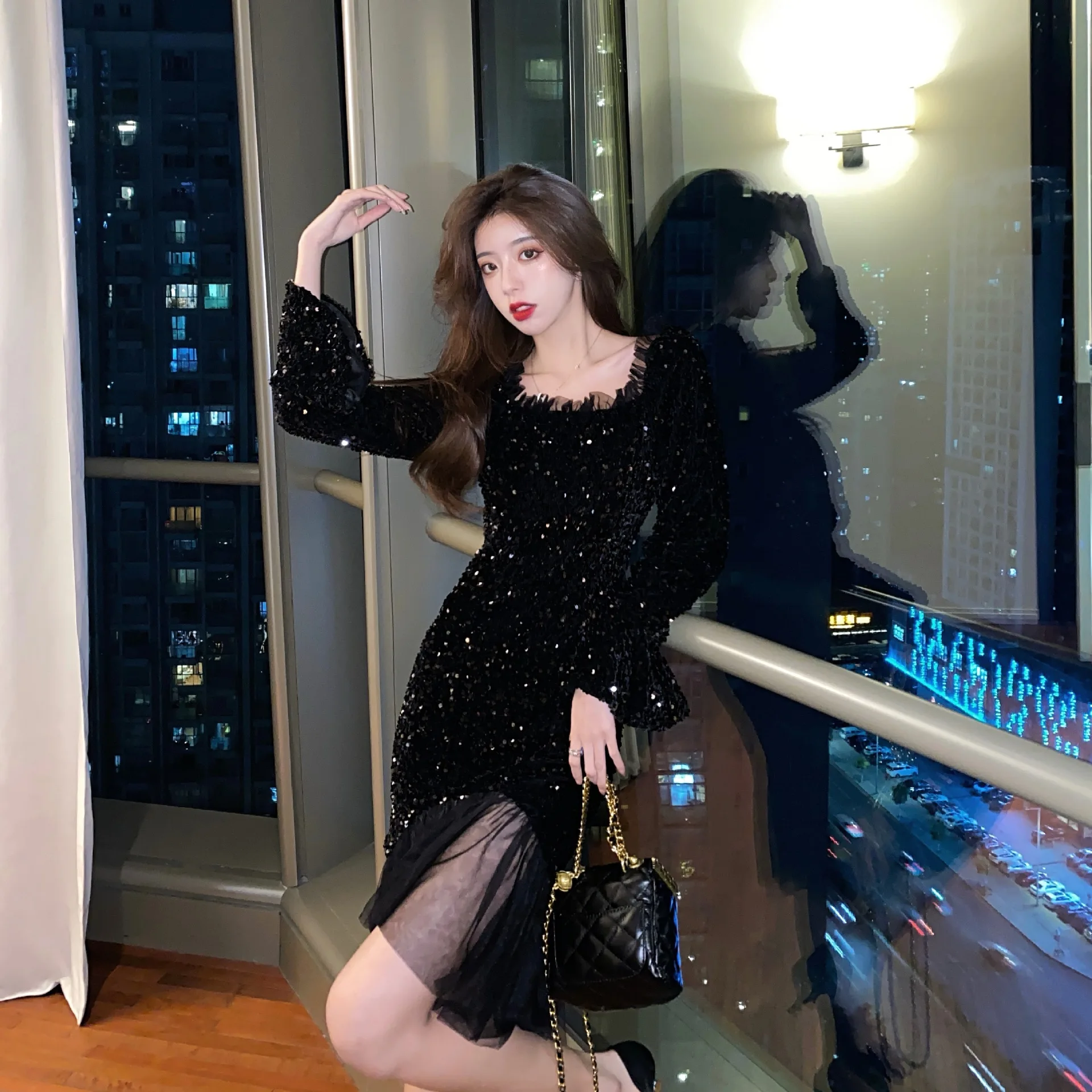 

2021 Brilliant mermaid Evening dress handmade sequins net yarn glittering mid-dress women Birthday party Prom dress A187